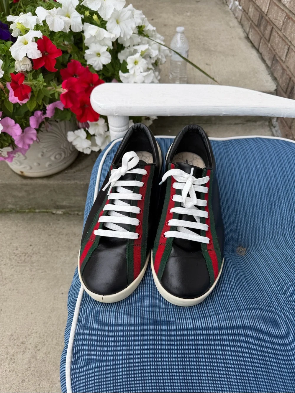 Black Leather Low-Top Sneakers with Red & Green Stripe